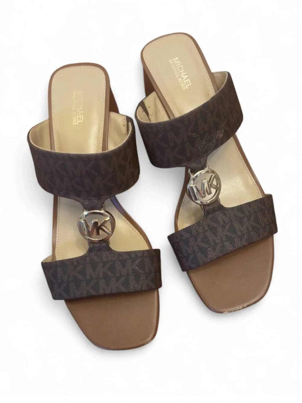 Michael Kors sz 9 Brown & Tan Monogram Logo Slide Sandals chunk heel MK Charm